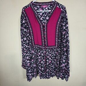 Woman Within Size 3x Pink ditzy Floral‎ Button Front Peasant Boho Tunic Shirt